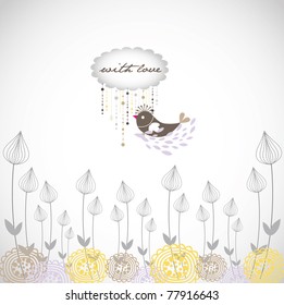 winter flower seamless pattern with lovely bird (for fabric pattern, wallpaper or wrapping paper)