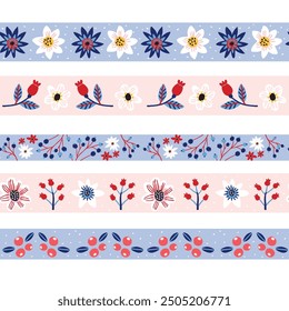 Winter flowers and berries tapes, seamless borders with folk art and flora motif, pastel pink and blue ornament set.