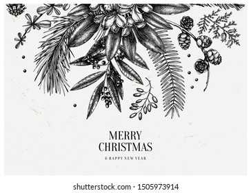 Winter flowers bouquet. Christmas greeting card or invitation template. Vintage illustration with hand drawn conifers, evergreen plants.  Wedding botanical decoration. Vector floral design elements.