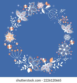 Winter flowers circle frame. Template for gift cards, invitations and web banners. 4 colours vector illustration. Floral vintage decorative hand drawn picture on blue. 