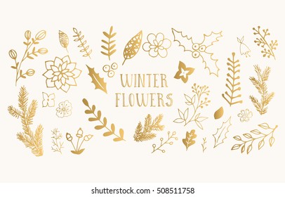 Winter flowers. Hand drawn ink illustration. Gold and white floral background.