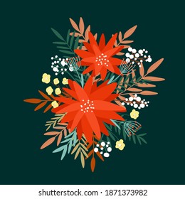 Winter flowers. Hand drawn poinsettia flowers and floral branches and berries, mistletoe and eucalyptus. Christmas florals