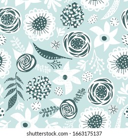 Winterblumen und Blätter blauen weißen Minze nahtlose Vektorillustration Muster. Blumenstrukturierter, handgezeichnet strukturierter Hintergrund in kalt blauen Farbtönen für Karten, Geschenkpapier, Stoffdesign, Oberflächendekoration, digitales Papier