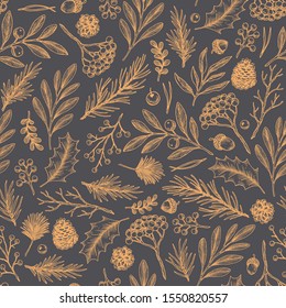 Winter flowers and leaves seamless pattern. Branch, cone, fir tree, berry, misteltoe, acorn. Botanical vintage illustration. Vector illustration