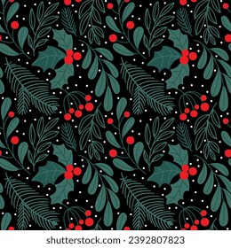 Winter flowers and plants. Seamless background for Christmas decor. Vector.