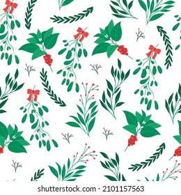 Winter flowers and plants seamless pattern, flat vector illustration on white background. Elegant Christmas botany, great for wrapping paper.