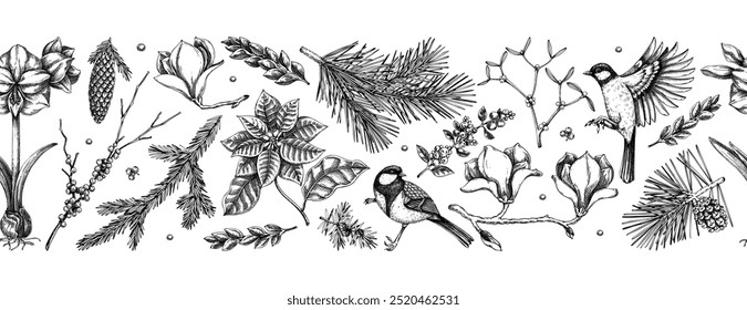 Winter flowers seamless pattern. Christmas background. Floral border design. Bird sketches. Hand-drawn vector background. NOT AI generated