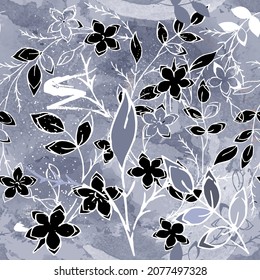 Winter flowers seamless pattern. Grunge textured watercolor background. Repeat rough decorative backdrop. Hand drawn floral ornaments with doodle flowers, snow, leaves, lines. Abstract modern design.