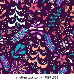 Winter flowers and snowflakes seamless pattern. Hand drawn Christmas Holiday design for greeting cards, calendars, wrapping paper, prints, invitations.
