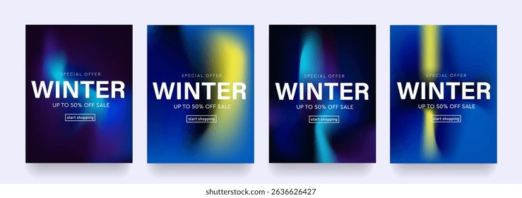 Winter fluid gradient background in blue and yellow. Retro-style abstract textures for seasonal sales, web, social media, posters, banners, and covers. Vector template.
