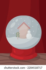 Winterflugzeugdesign, Weihnachtspost-Karte. Snowball A4 Vektorgrafik für Poster, Banner, Flyer, Werbung. Schneeball mit Haus, Baum und Schneemann drinnen. 
