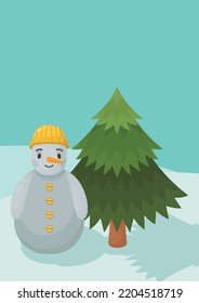 Winter Flyer design, Christmas post card. Snowman with Christmas Tree A4 vector illustration for poster, banner, flyer, advertising