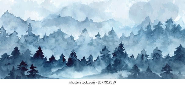 Winter foggy forest, hills watercolor landscape. Natural panorama. Vertical nature view background in blue, grey, monochrome colors.