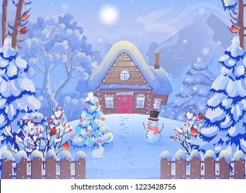 Winter foggy forest landscape with wooden house, mountains, snowman, fence, Christmas tree, rabbit, bullfinch, sun. Vector drawing illustration in cartoon style. Horizontal background. Christmas card.