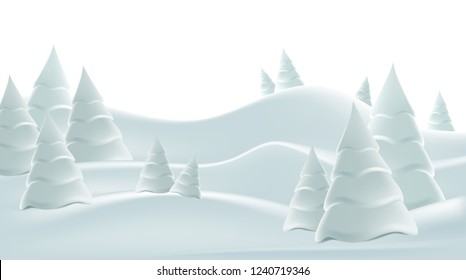 Winter foggy landscape with snow-covered hills and fir-trees. Freehand drawing.