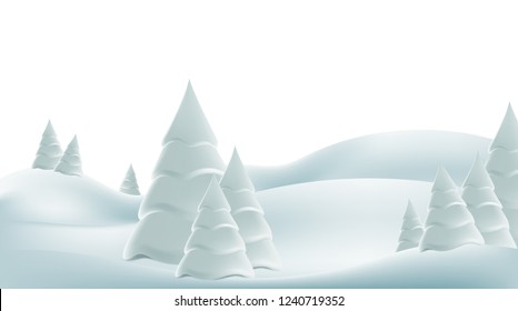 Winter foggy landscape with snow-covered hills and fir-trees. Freehand drawing.