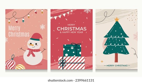 Winter Foliage Holiday Card. Christmas day template with decorative Christmas tree, gifts and snowman on pink background.