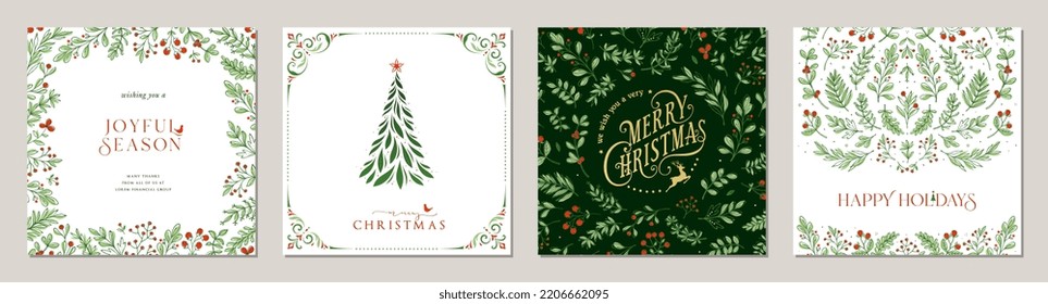 Winter Foliage Holiday cards. Universal Christmas templates with decorative Christmas Tree, reindeer, floral background and frame with copy space, birds and greetings.	