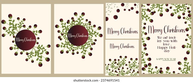 Winter Foliage Holiday cards. Universal Christmas templates with decorative Christmas Tree, reindeer, floral background and frame 