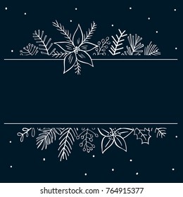 winter foliage plants twigs branches flowers dark blue and white  frame template