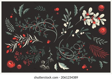 Winter foliage. Whimsical vector collection of Christmas floral arrangements and plants, branches and berries. Decorative botanical elements for holiday and wedding design, greeting cards, invitations