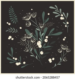 Winter foliage. Whimsical vector collection of Christmas floral arrangements and plants, branches, berries. Vintage bouquets, botanical elements, holiday and wedding design, greeting cards, invitation