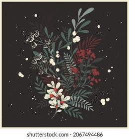 Winter foliage. Whimsical vector collection of Christmas floral arrangements and plants, branches, berries. Vintage bouquets, botanical elements, holiday and wedding design, greeting cards, invitation