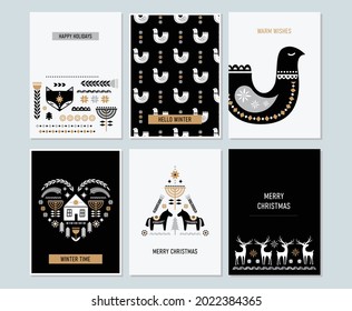 Winter folk art greeting card set in Scandinavian, Nordic style.
