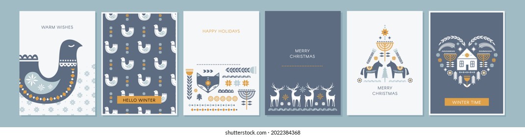 Winter folk art greeting card set in Scandinavian, Nordic style.