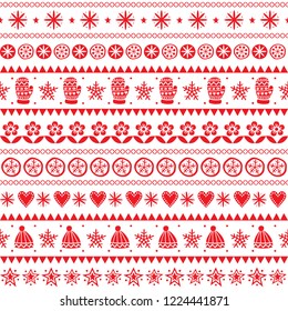 Winter folk art vector seamless pattern, Christmas red ornament hand drawn style, retro background on white.

Cute Scandinavian style retro decoration with winter hats and gloves, stars and flowers - 