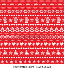 Winter folk art vector seamless pattern, Christmas white ornament hand drawn style, retro background on red.

Cute Scandinavian style retro decoration with winter hats and gloves, stars and flowers - 
