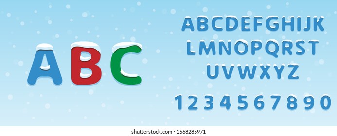 Winter font. Snow covered letters and numbers with usage example. Vector illustration EPS 10.	