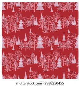 Winter forest of abstract fir trees on a red background. Winter background, Christmas trees, seamless pattern, vector design. Illustration for print, packaging, fabric.