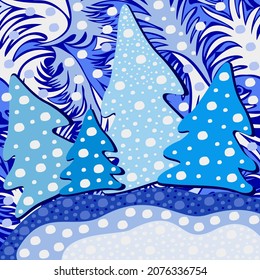 Winter forest. Abstract vector concept with fir trees, snow and ice. Blue and white colors.