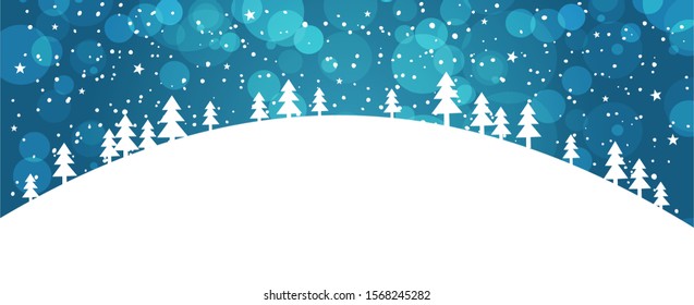 Winter forest against a blue winter sky with snowfall. Banner with a simple applique of Christmas trees and bokeh. Hill with trees, stars in the sky, snowflakes. Postcard New Year and Christmas