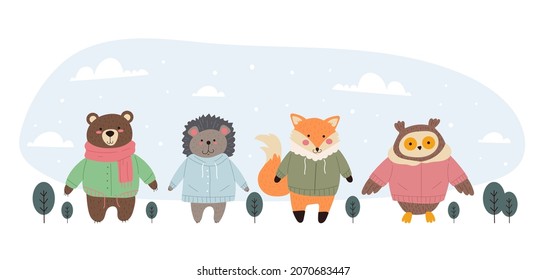 Los personajes de los animales del bosque de invierno son el concepto de zorro de búho de búho. Ilustración de diseño gráfico de dibujos animados planos vectoriales