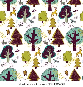 Winter forest and animal seamless pattern. Abstract view with trees and animals. Color vector illustration. EPS8