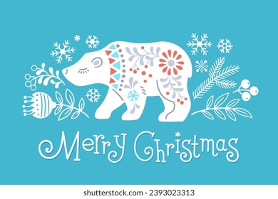 Winter Forest Animal vector illustration with text Merry Christmas. Hand drawn silhouette of polar bear in patterned Scandinavian folk style