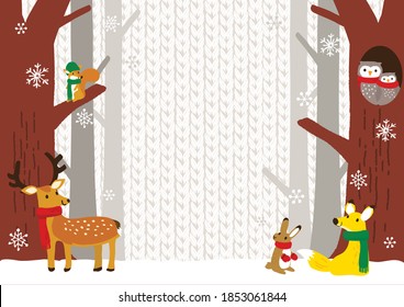 Winter forest and animals background illustration