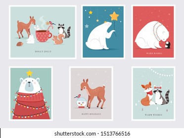 Winter Forest Animals, Merry Christmas Greeting Cards, Posters With Cute Bear, Birds, Bunny, Deer, Mouse And Penguin. 