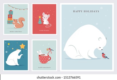 Winter forest animals, Merry Christmas greeting cards, posters with cute bear, birds, bunny, deer, mouse and penguin. 