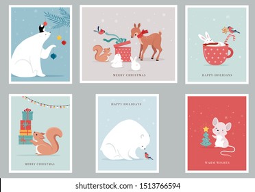 Winter forest animals, Merry Christmas greeting cards, posters with cute bear, birds, bunny, deer, mouse and penguin. 