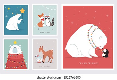 Winter forest animals, Merry Christmas greeting cards, posters with cute bear, birds, bunny, deer, mouse and penguin. 