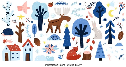 Winter forest animals. Snowy trees with elk fox hare and hedgehog, blue branches and cones, cozy homes, beautiful wild nature, hand drawn New Year and Christmas set vector cartoon flat illustration