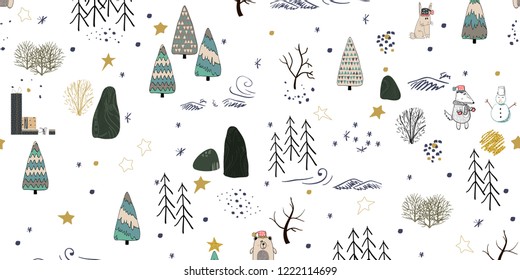 Winter forest background with animals and trees. Seamless pattern. Horizontal shift half pattern