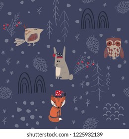 Winter forest background with animals and trees. Seamless pattern
