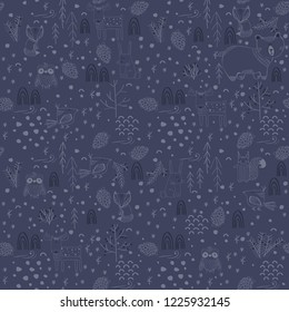 Winter forest background with animals and trees. Seamless pattern