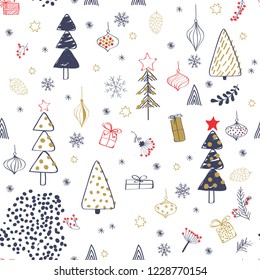 Winter forest background with animals and trees. Seamless pattern