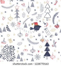 Winter forest background with animals and trees. Seamless pattern