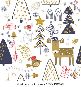 Winter forest background with animals and trees. Seamless pattern